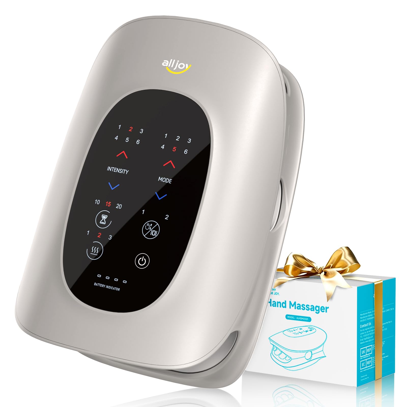 ALLJOY vista frontal del masajeador mostrando diseño ergonómico y beneficios de relajación