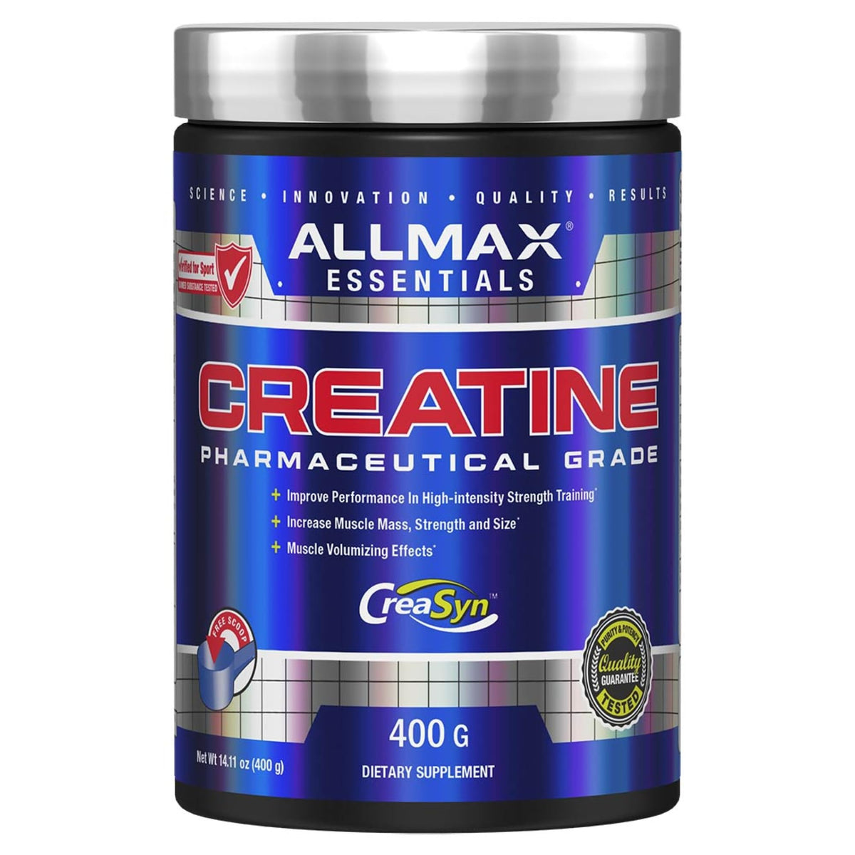 ALLMAX envase frontal de creatina pura, claridad y confianza