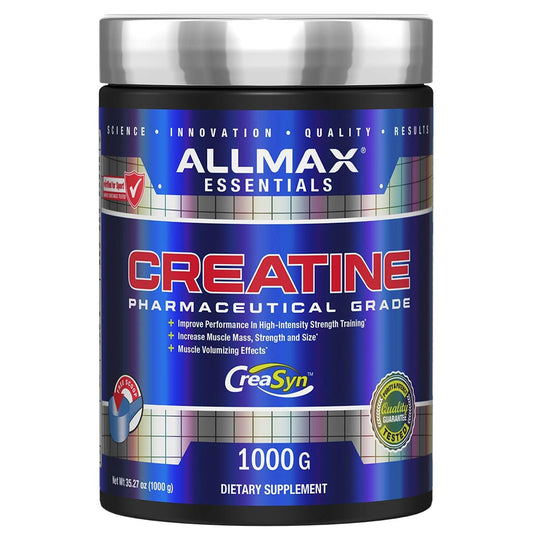 ALLMAX envase frontal mostrando creatina pura y sin sabor para rendimiento