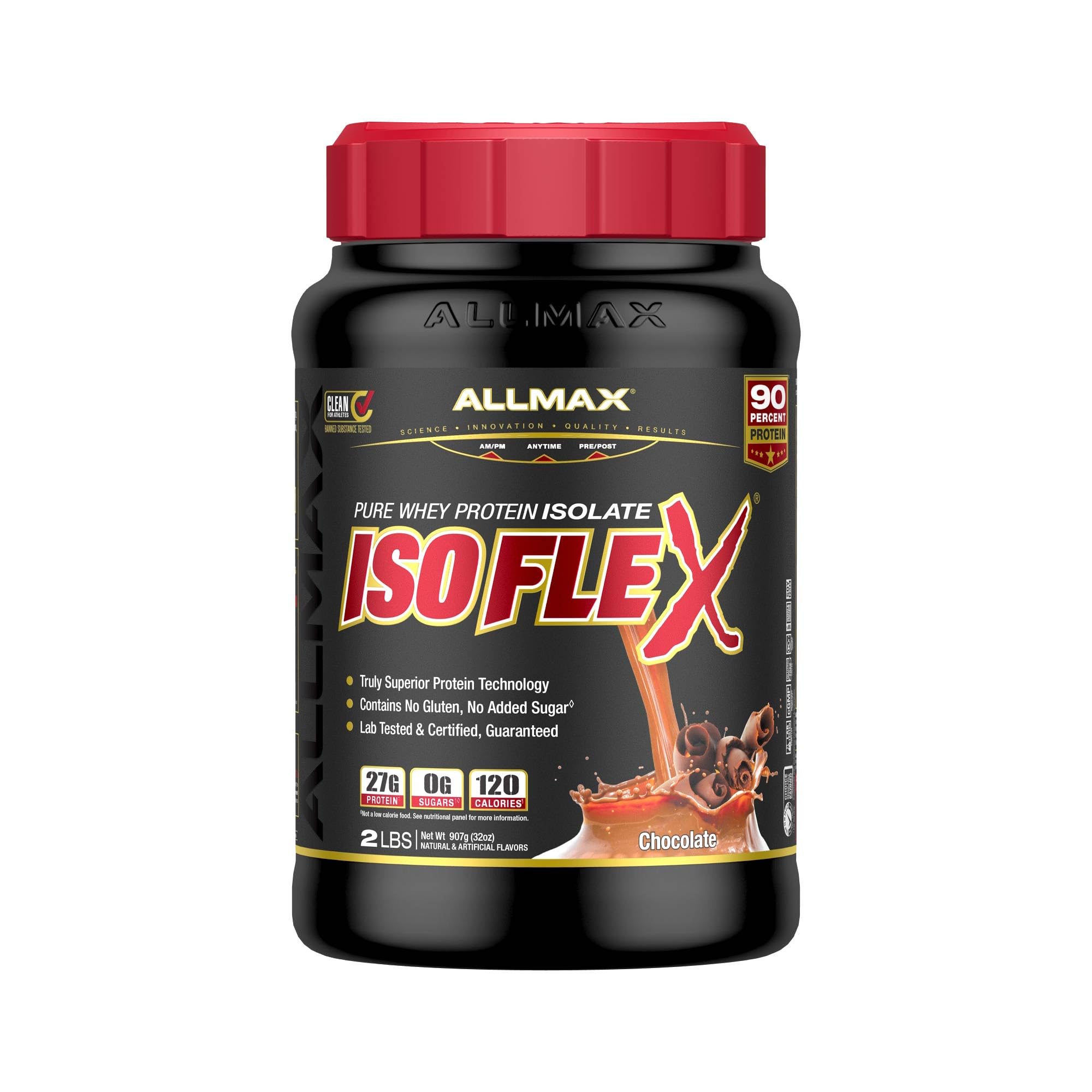 ALLMAX IsoFlex: bote de proteína aislada al 90% para recuperación muscular limpia.