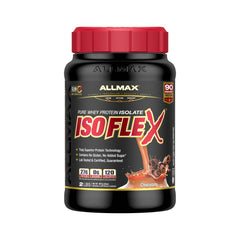 ALLMAX IsoFlex: bote de proteína aislada al 90% para recuperación muscular limpia.