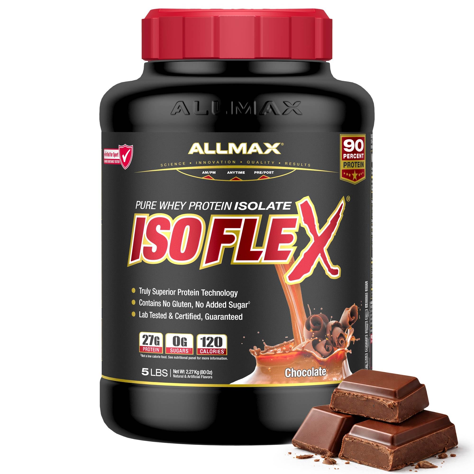 ALLMAX envase ISOFLEX frente mostrando tamaño y sabor chocolate