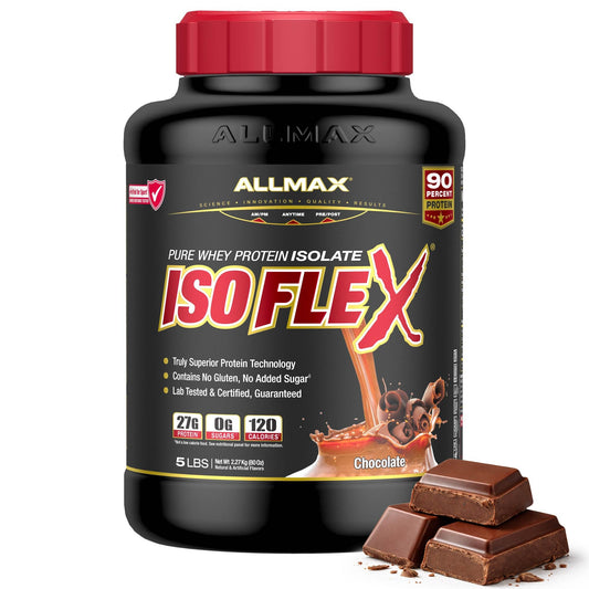 ALLMAX envase ISOFLEX frente mostrando tamaño y sabor chocolate