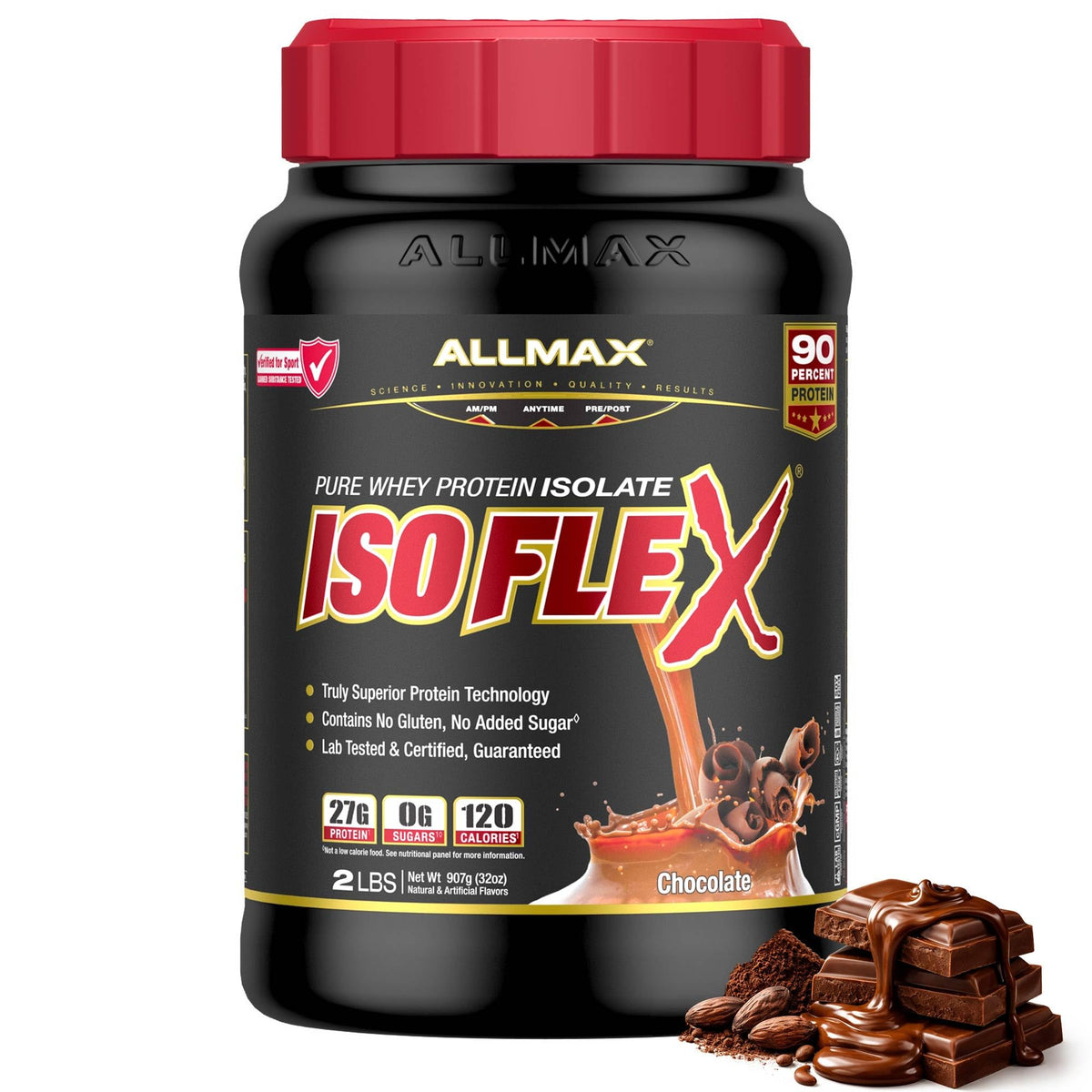 ALLMAX frasco frontal Chocolate con información clara y beneficio de pureza
