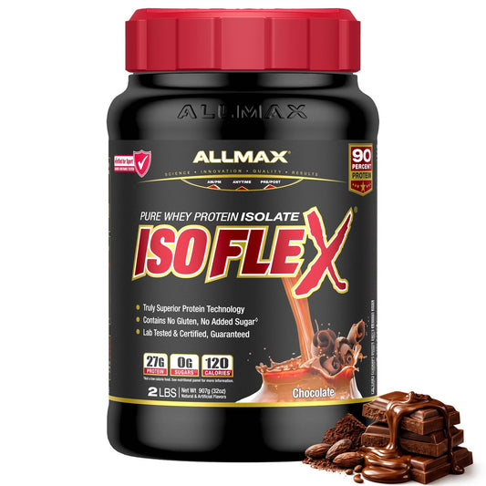 ALLMAX frasco frontal Chocolate con información clara y beneficio de pureza