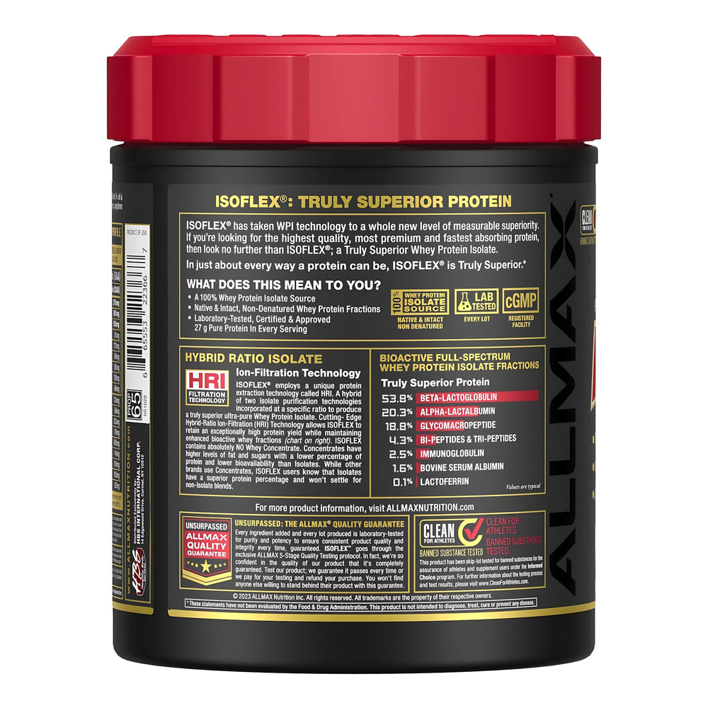 ALLMAX IsoFlex, dispensador con medidas para porciones precisas de proteína.