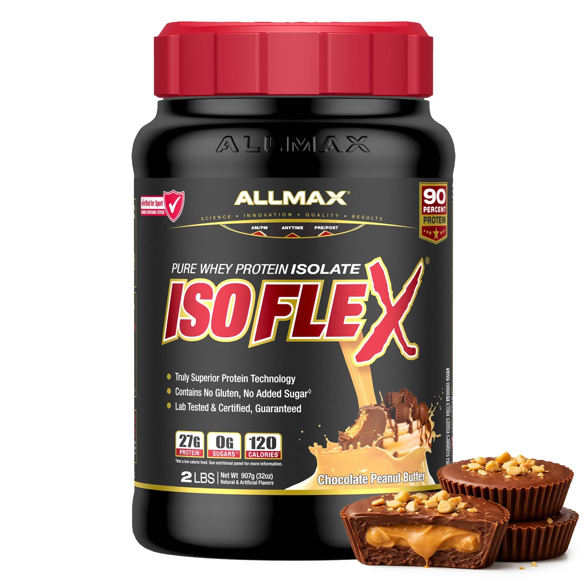 ALLMAX envase frontal mostrando sabor Chocolate Peanut Butter y conveniencia
