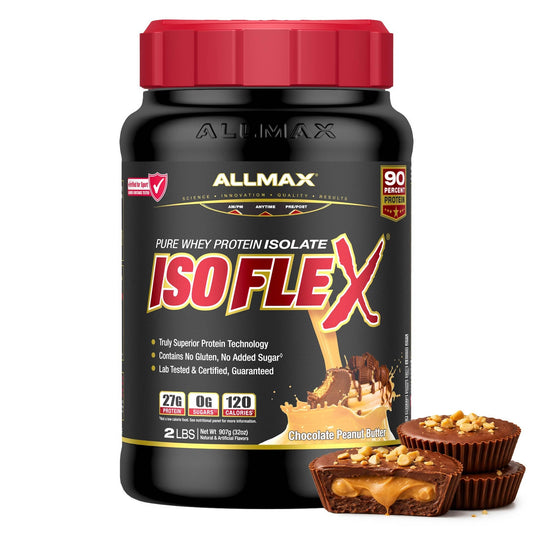 ALLMAX envase frontal mostrando sabor Chocolate Peanut Butter y conveniencia