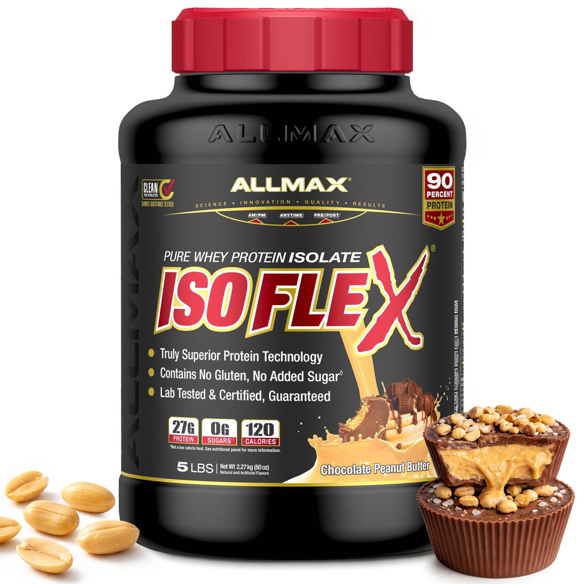 Envase ALLMAX ISOFLEX Chocolate Peanut Butter mostrando etiqueta y tamaño, aporta proteína pura