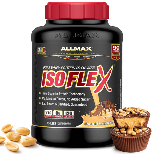 Envase ALLMAX ISOFLEX Chocolate Peanut Butter mostrando etiqueta y tamaño, aporta proteína pura