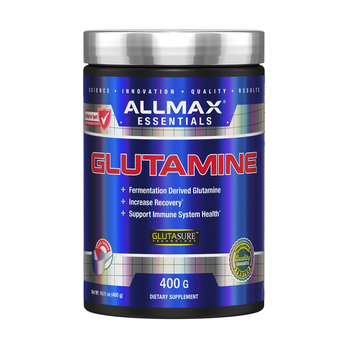 ALLMAX frasco frontal del producto mostrando etiqueta, beneficios de pureza