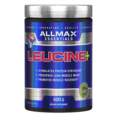 ALLMAX Leucine 400 g, pote, apoya la recuperación muscular tras entrenar.