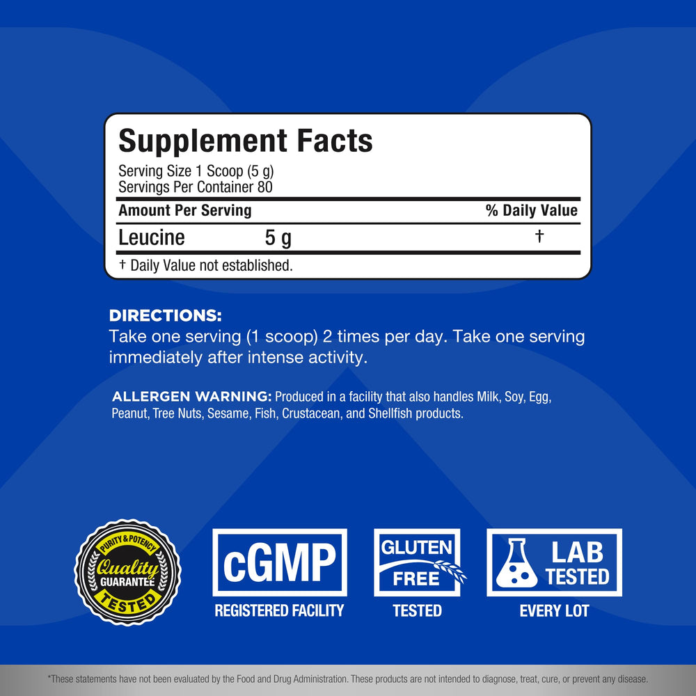 ALLMAX Leucine, dosificador-medidor, facilita tomas rápidas para apoyar la síntesis de proteínas.