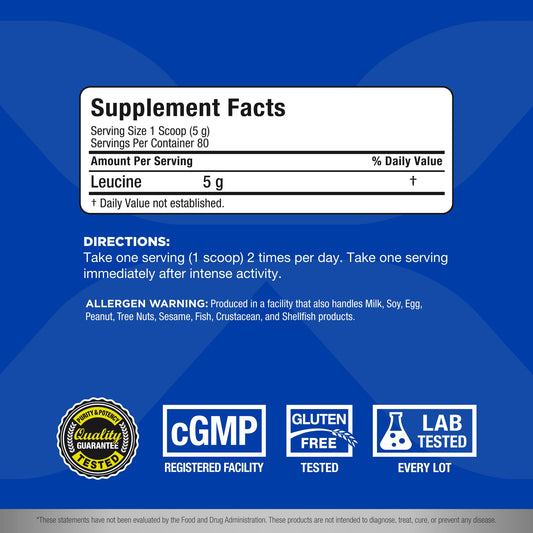 ALLMAX Leucine, dosificador-medidor, facilita tomas rápidas para apoyar la síntesis de proteínas.