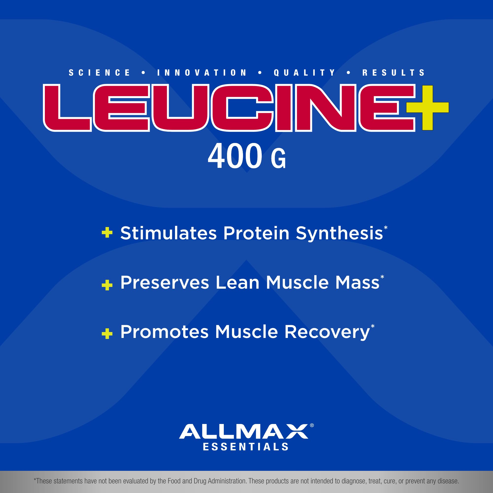 ALLMAX Leucine, etiqueta frontal, ayuda a identificar dosis para entrenar mejor.