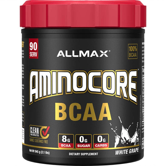 ALLMAX AMINOCORE: bote de BCAA para apoyo durante el entrenamiento.