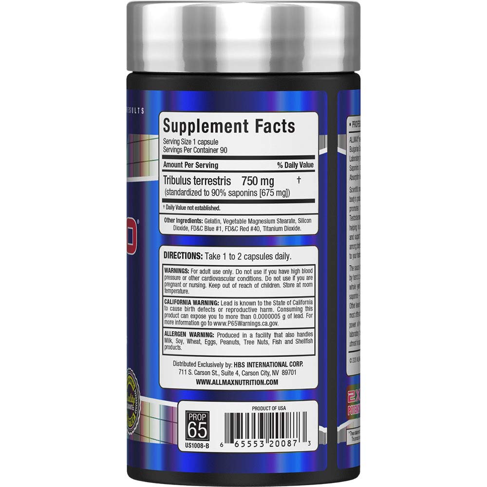 ALLMAX TRIBX90, etiqueta tribulus bulgariano: tribulus de alta pureza para rendimiento.