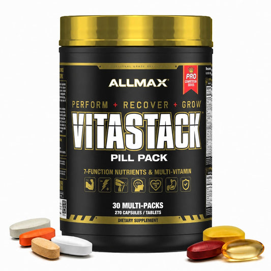 ALLMAX Vitastack empaque frontal que muestra 30 sobres y conveniencia