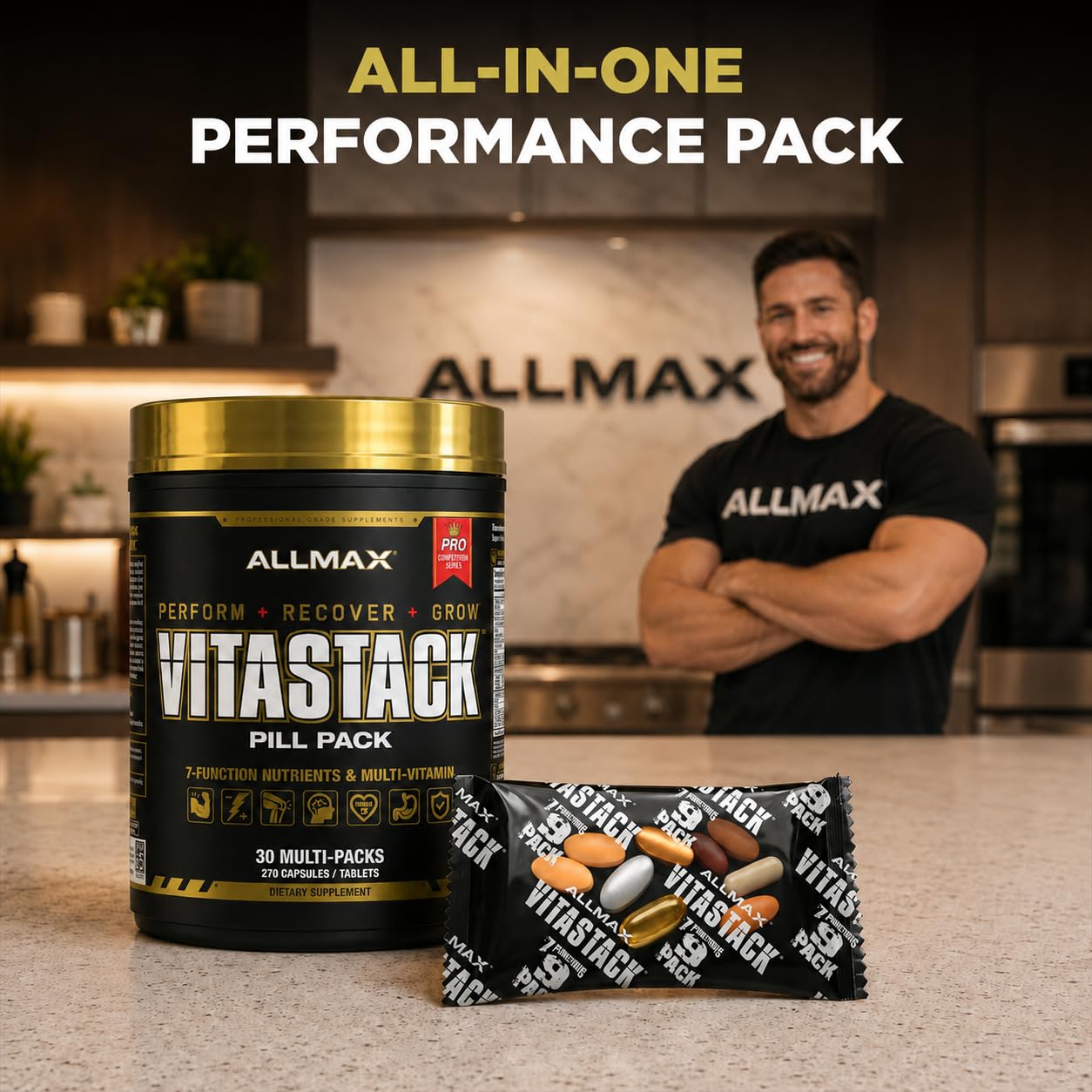 ALLMAX Vitastack comparación de tamaño del sobre junto a moneda para escala
