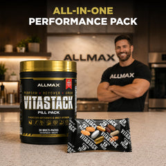 ALLMAX Vitastack comparación de tamaño del sobre junto a moneda para escala