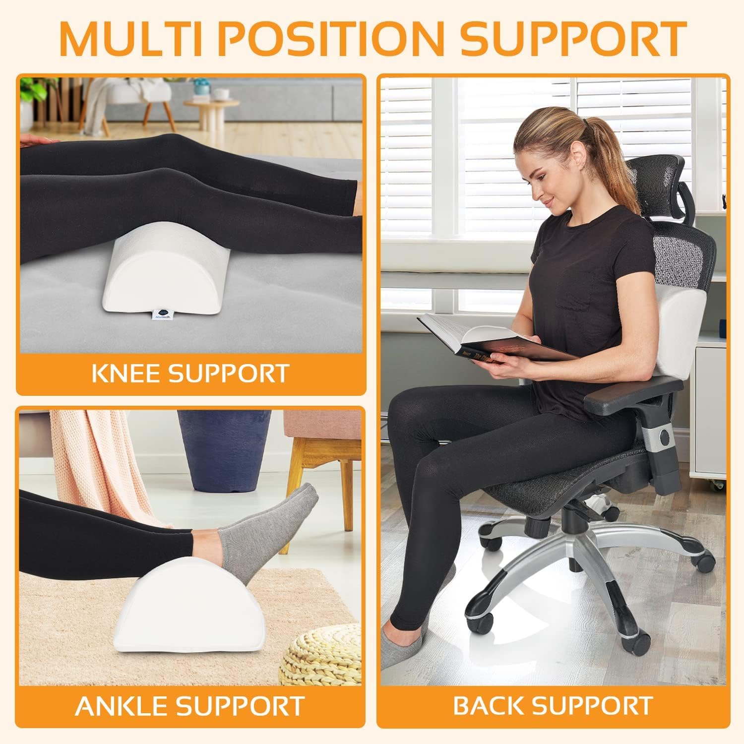 AllSett Health colocada en sillón como soporte lumbar cómodo para sentarse