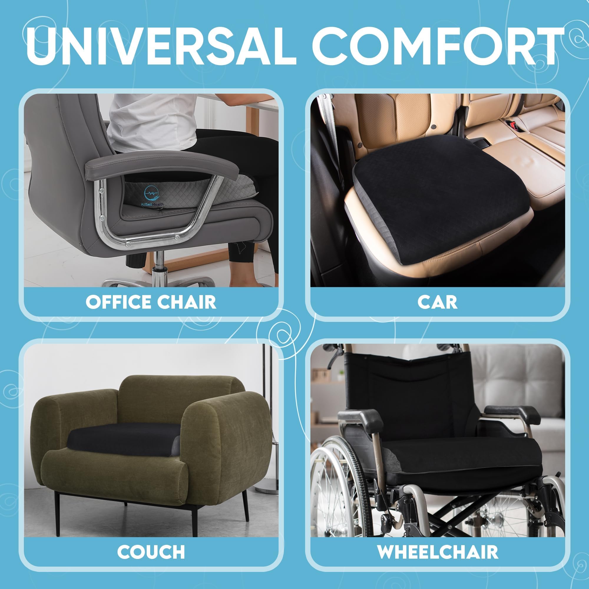 AllSett Health cojín colocado en silla de oficina para uso prolongado y soporte