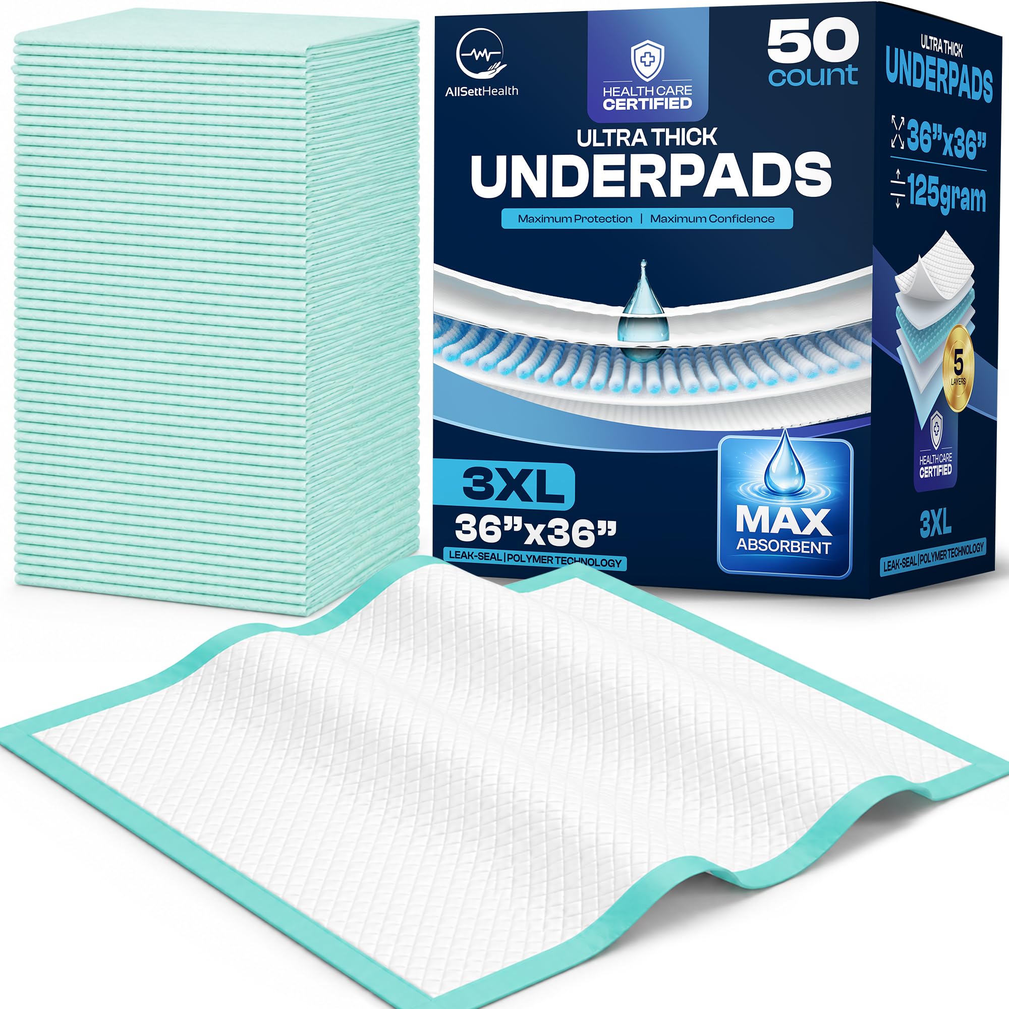 AllSett Health paquete frontal mostrando 50 unidades y tamaño 36x36, fácil almacenamiento