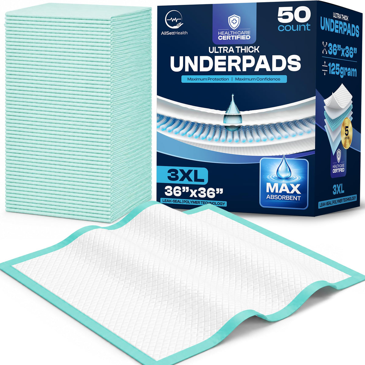 AllSett Health paquete frontal mostrando 50 unidades y tamaño 36x36, fácil almacenamiento