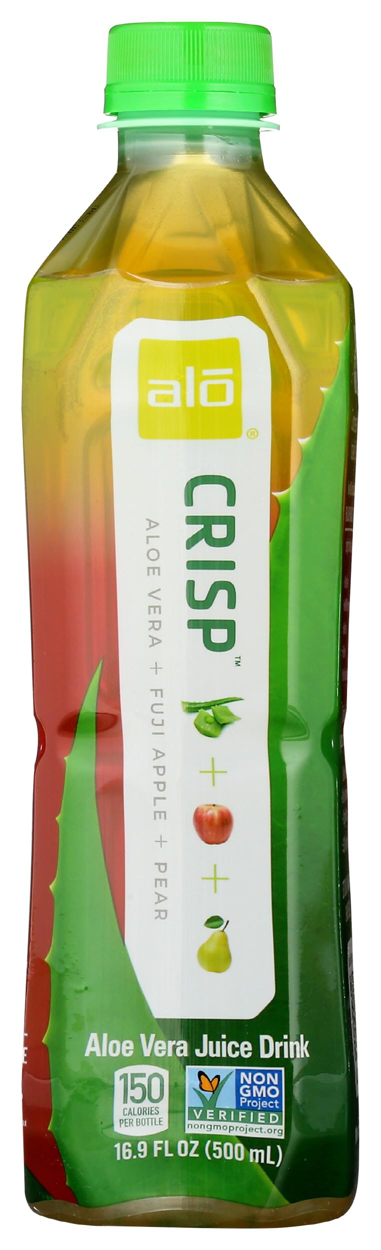Alo botella frontal mostrando etiqueta y sabor Fuji Apple Pear, refresco natural