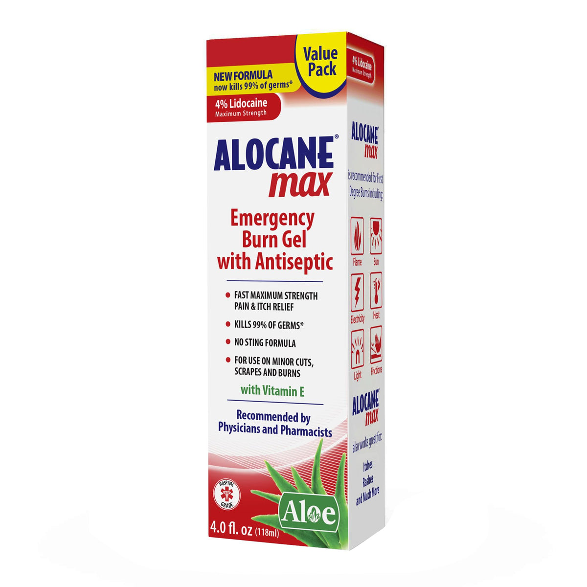 Alocane envase frontal 4 oz mostrando la marca y propósito para alivio rápido