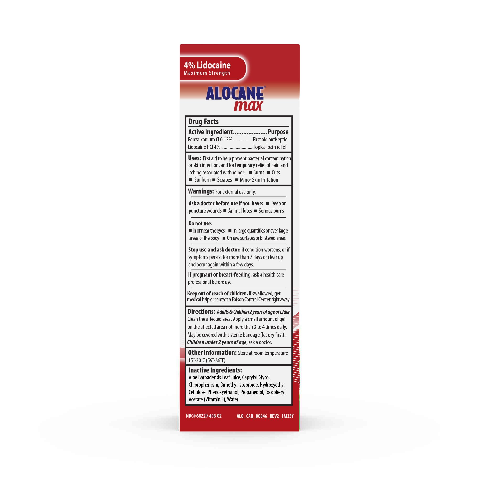Alocane Max etiqueta trasera con instrucciones y lista de ingredientes