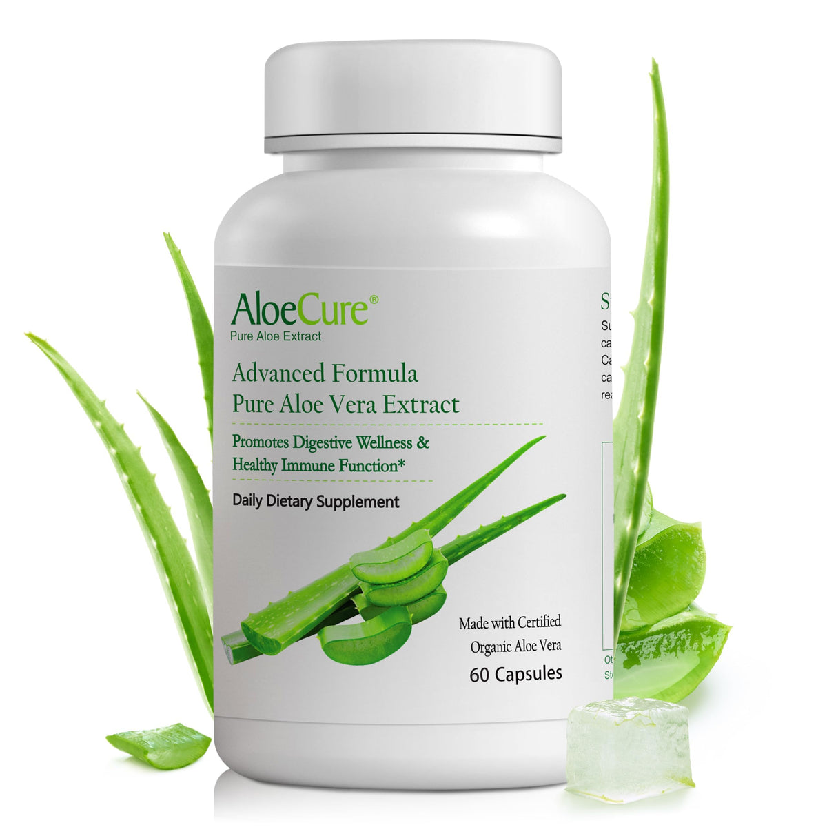 AloeCure caja frontal mostrando etiqueta y beneficios orgánicos