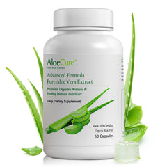 AloeCure caja frontal mostrando etiqueta y beneficios orgánicos