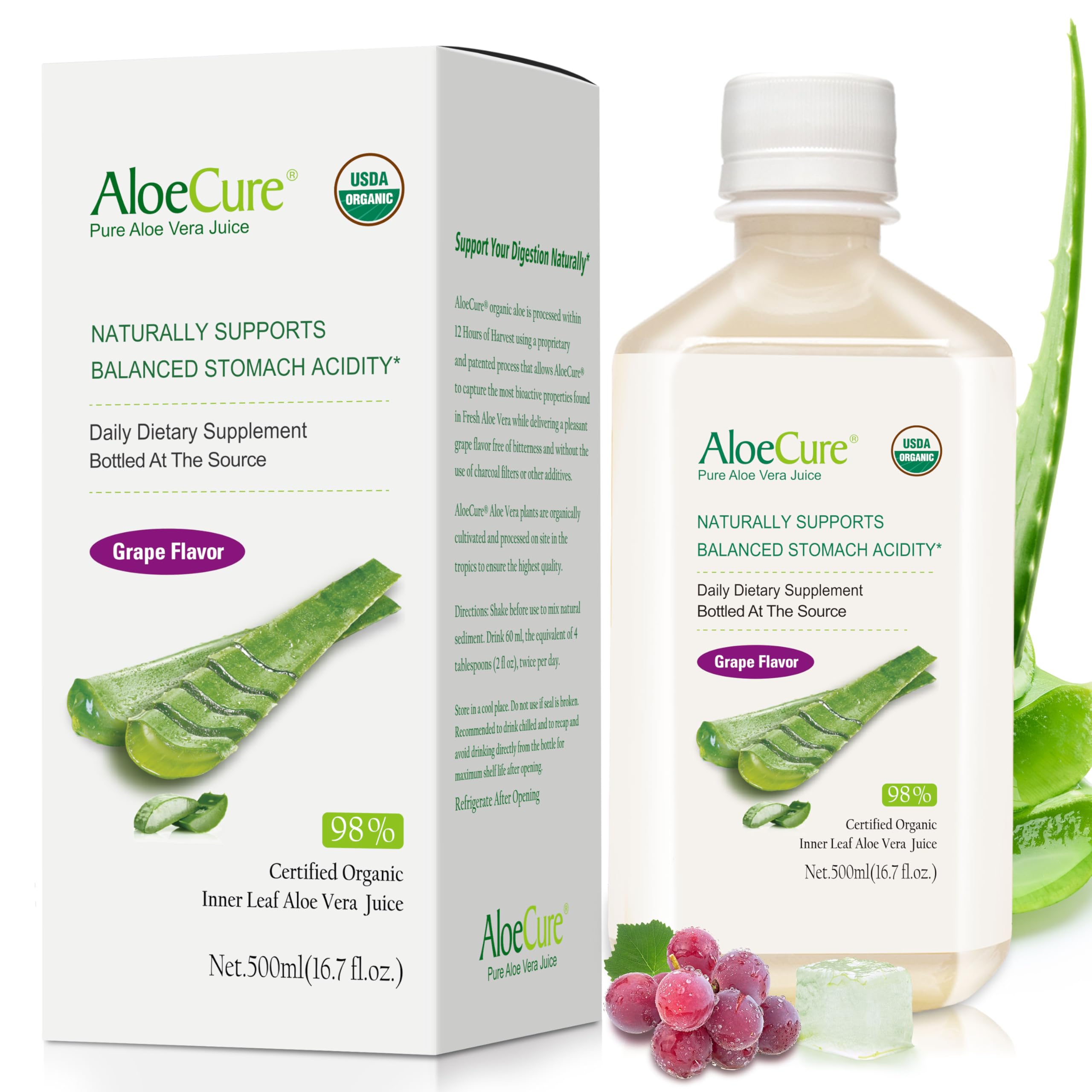 AloeCure botella frontal 16.7oz mostrando diseño y tamaño, claro beneficio de confianza