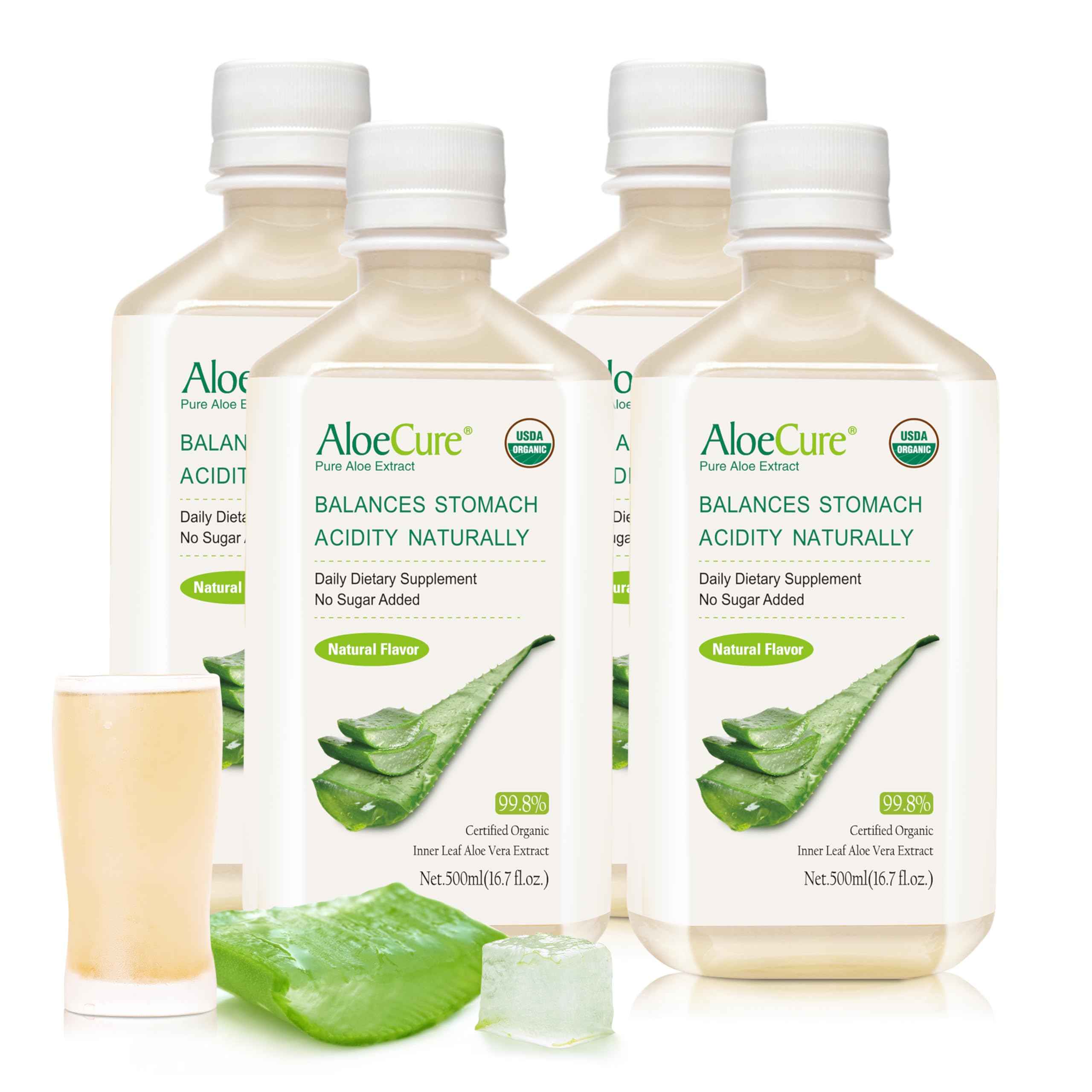 AloeCure botella frontal 500ml mostrando etiqueta orgánica y beneficio de pureza