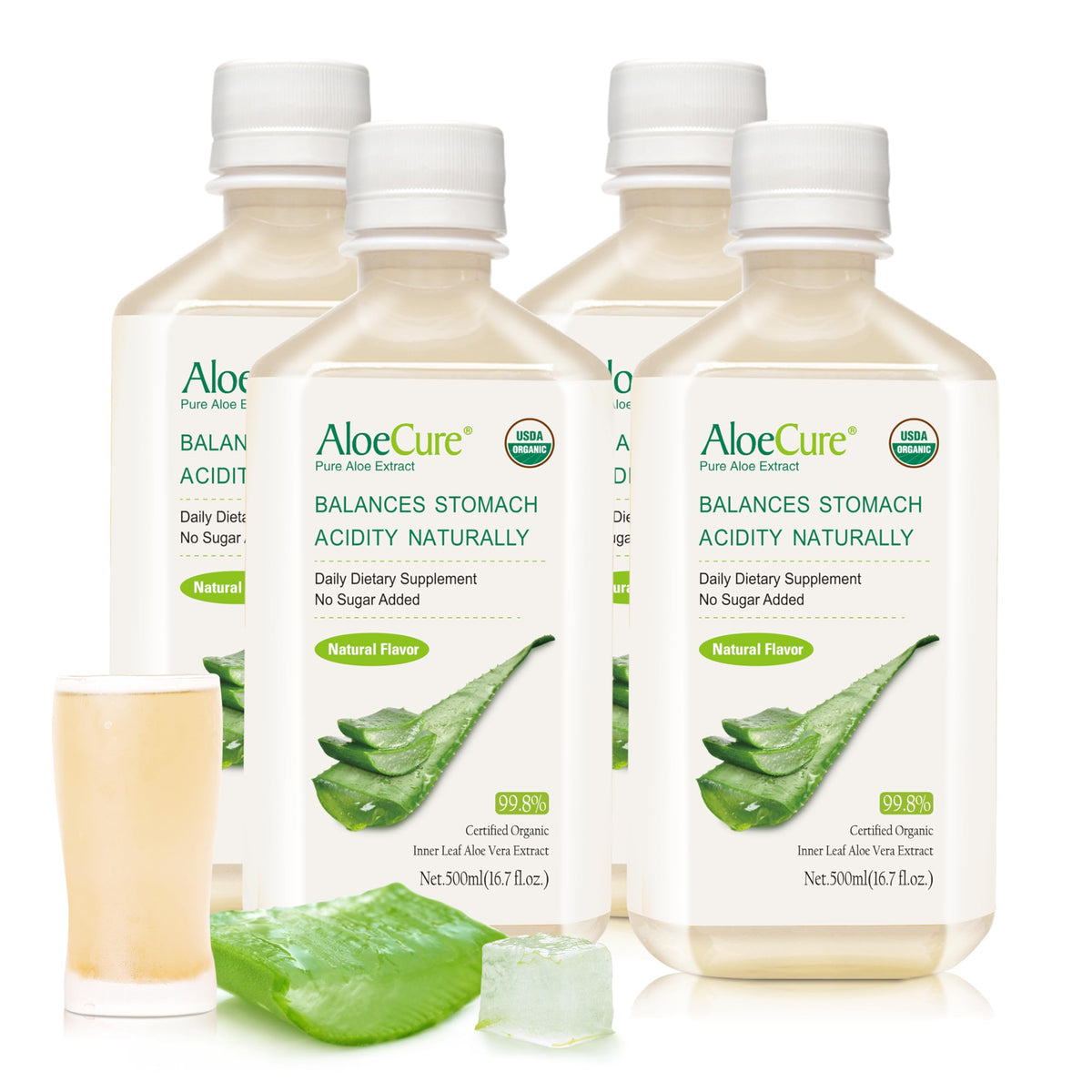 AloeCure botella frontal 500ml mostrando etiqueta orgánica y beneficio de pureza