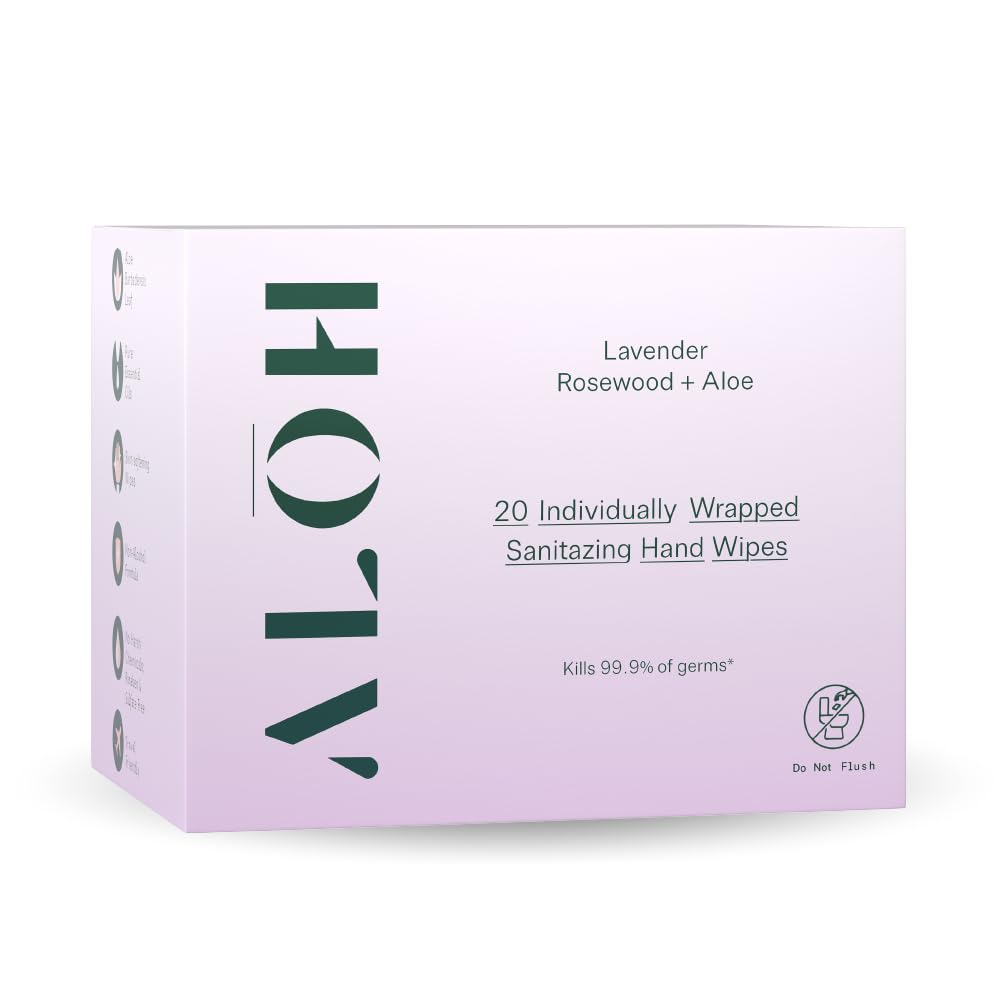 ALŌH frente del empaque mostrando toallitas individuales y aroma Lavender Rosewood, conveniente