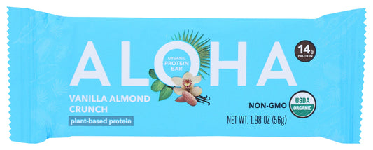 Barra proteica ALOHA de vainilla y almendra, snack nutritivo para energía diaria.