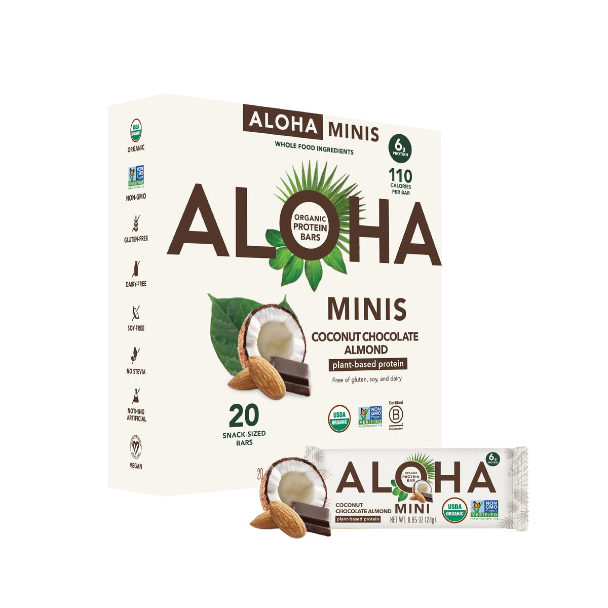 ALOHA caja frontal sabor coco chocolate almendra mostrando el empaque y beneficios