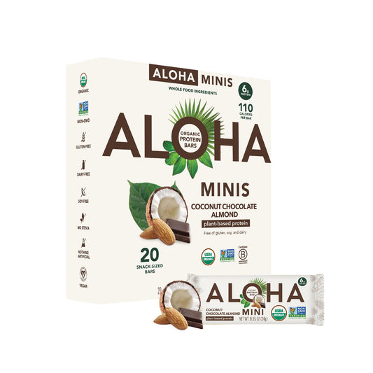ALOHA caja frontal sabor coco chocolate almendra mostrando el empaque y beneficios