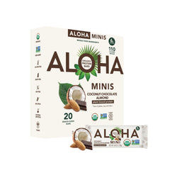 ALOHA caja frontal sabor coco chocolate almendra mostrando el empaque y beneficios