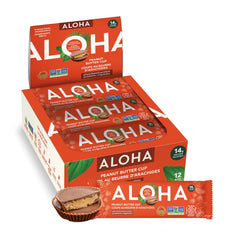 ALOHA frente del empaque Peanut Butter Cup mostrando información nutricional y beneficio proteinico