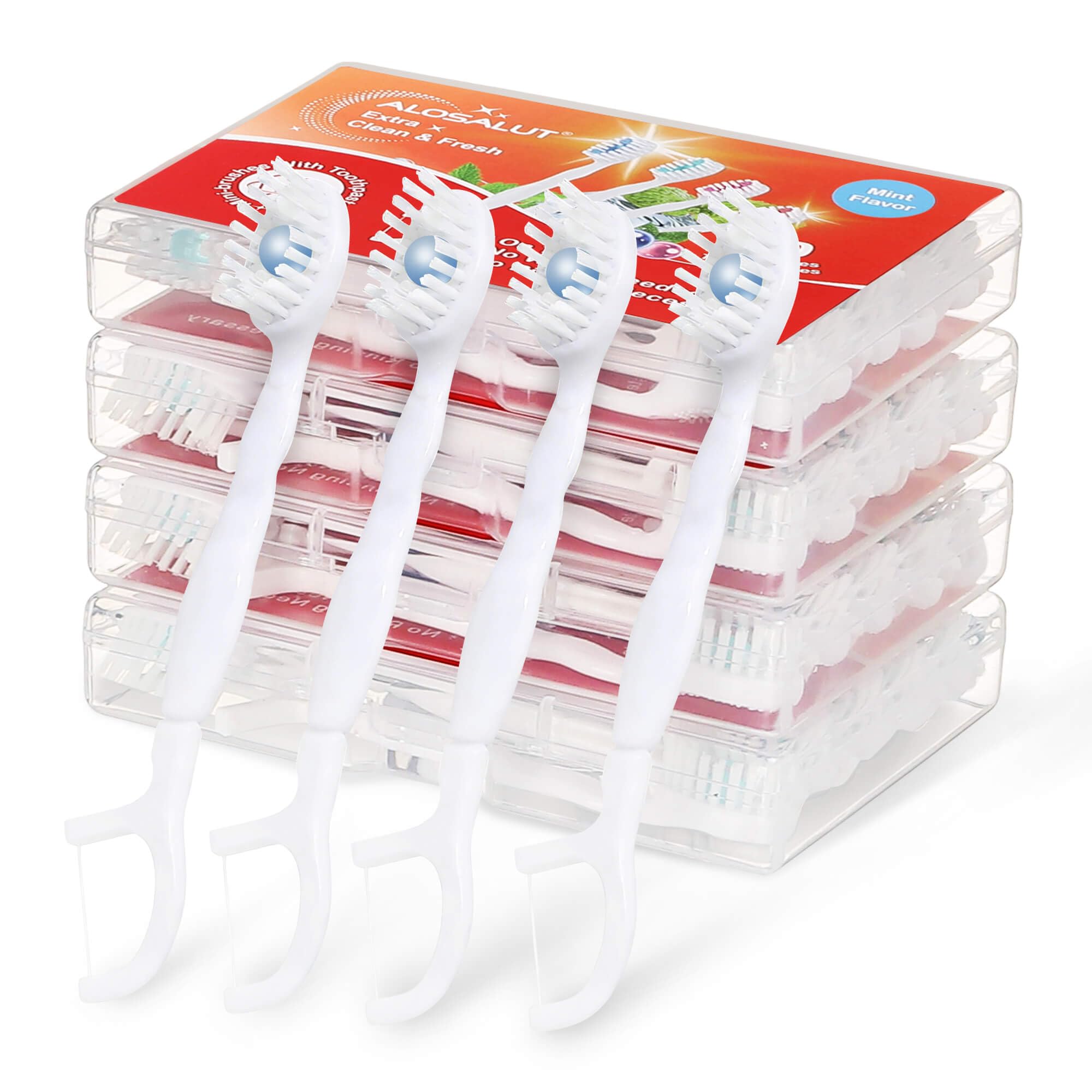 ALOSALUT empaque frontal mostrando 40 cepillos para viaje y conveniencia