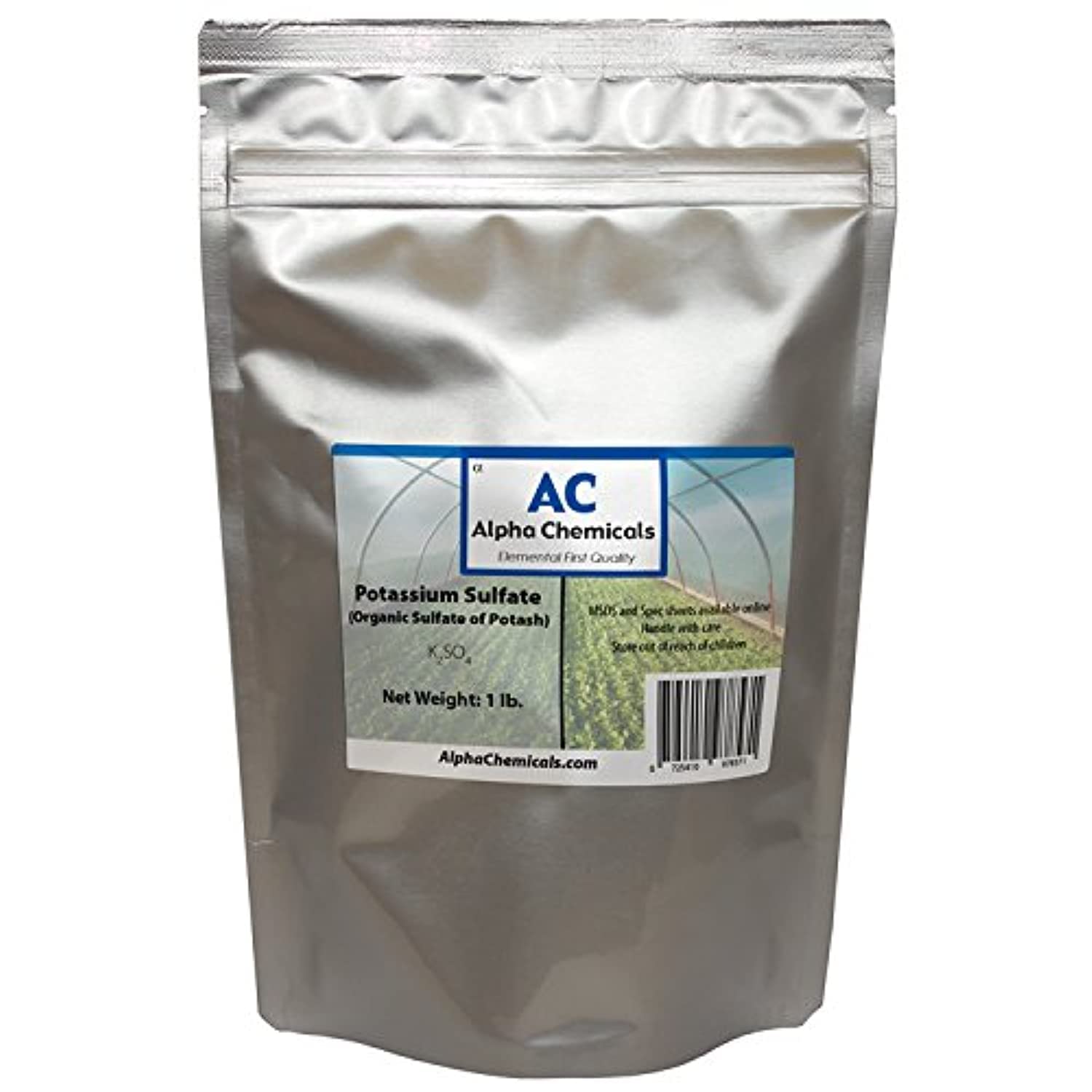 Alpha Chemicals bolsa frontal de 1 lb mostrando etiqueta y cierre resellable, ideal para almacenamiento seguro