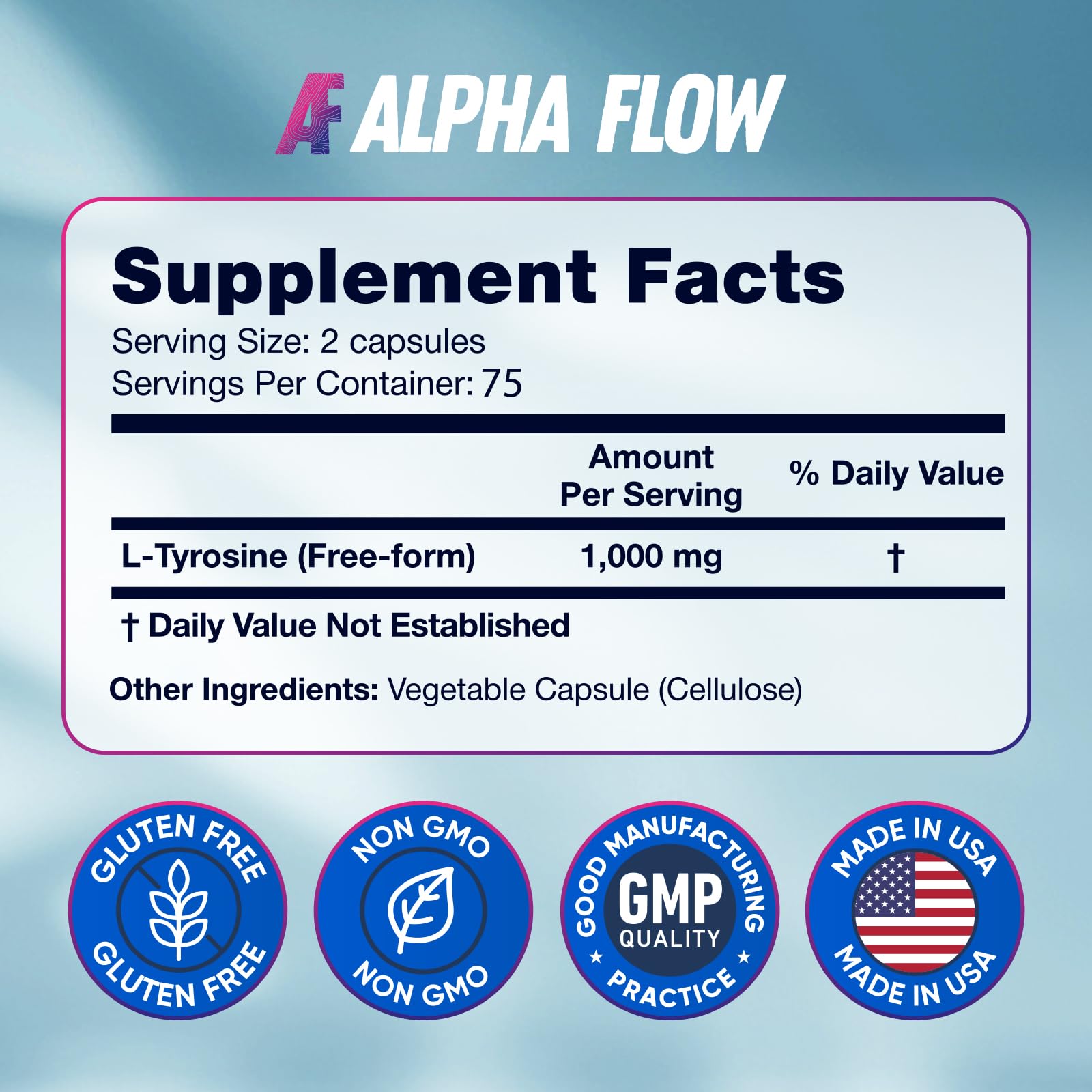 Alpha Flow primer plano de etiqueta con ingredientes y beneficios