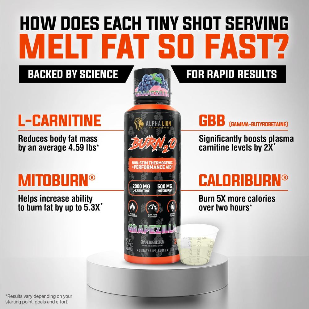 ALPHA LION etiqueta cerca con información de MitoBurn y CaloriBurn para confianza del comprador