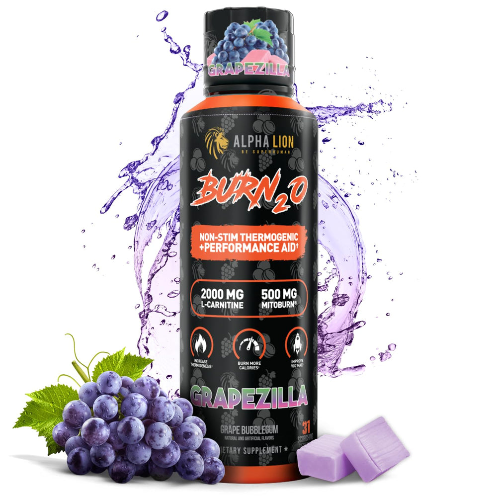 ALPHA LION envase frontal Burn2O mostrando diseño y sabor Grapezilla para fácil identificación