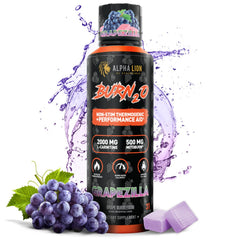 ALPHA LION envase frontal Burn2O mostrando diseño y sabor Grapezilla para fácil identificación
