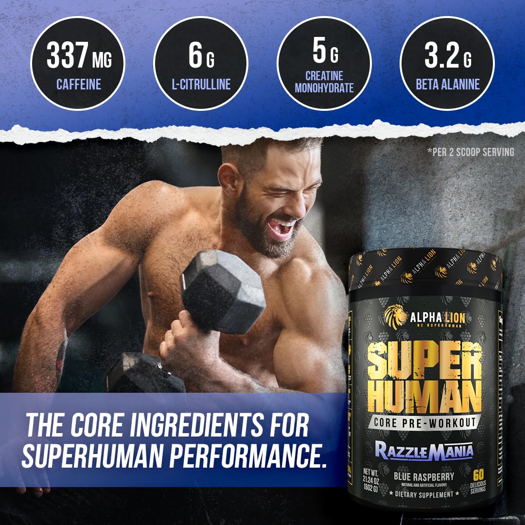 ALPHA LION bebida preparada Core Pre Workout en vaso con hielo y color atractivo