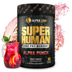 Envase ALPHA LION Core de frente mostrando la marca y sabor Alpha Punch para identificar el producto beneficioso